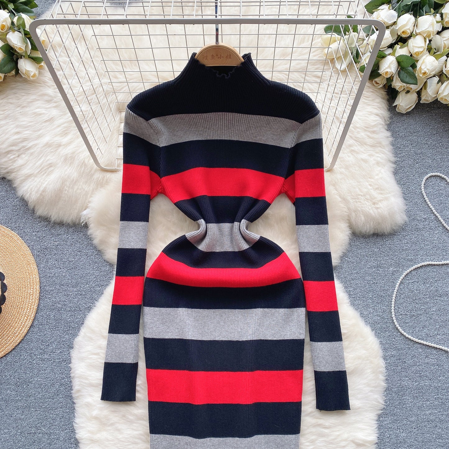 Knitted Dress Women's Mixed Color Stripe