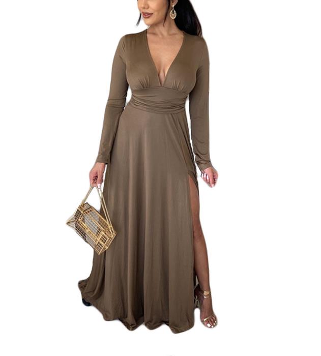 Women's Deep V Neck Long Sleeve Long Dresses Pleated High Waist Slit Club Party Evening Maxi Dress