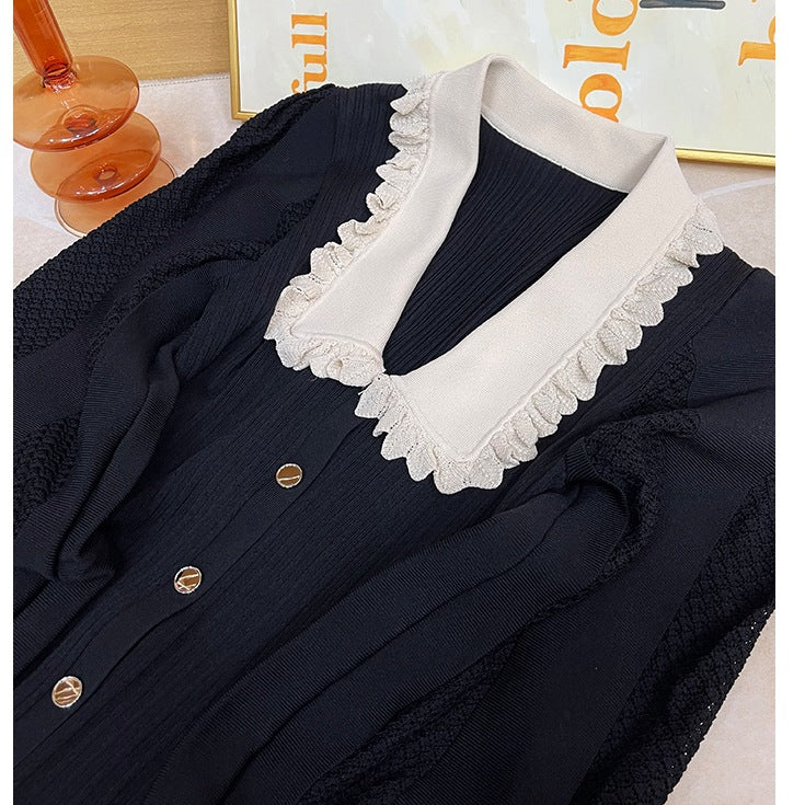 French Style Classic Style Lace Collar Bubble Long Sleeve Knitted Dress