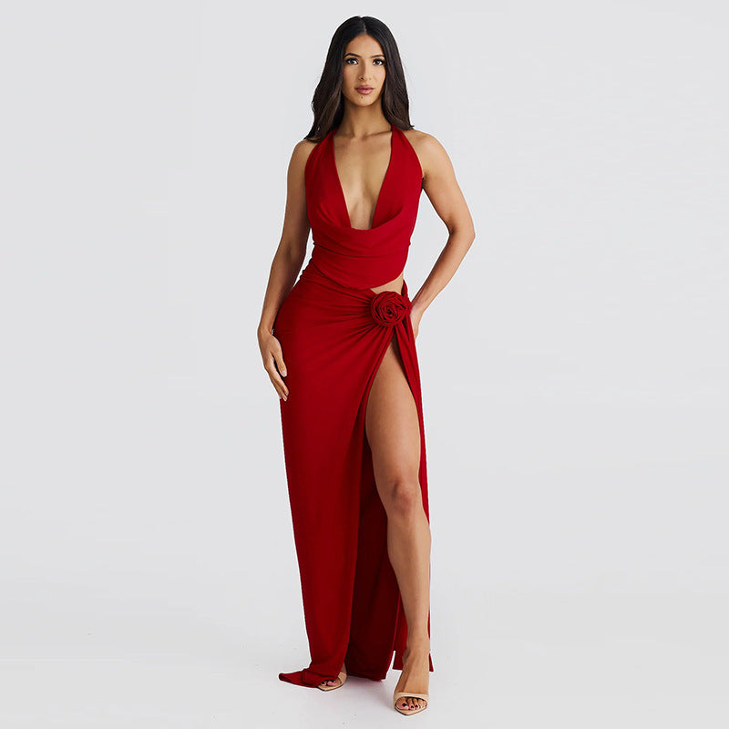 Lace-up Backless Sexy Deep V-neck Halter Sling High Slit Mid-length Dress