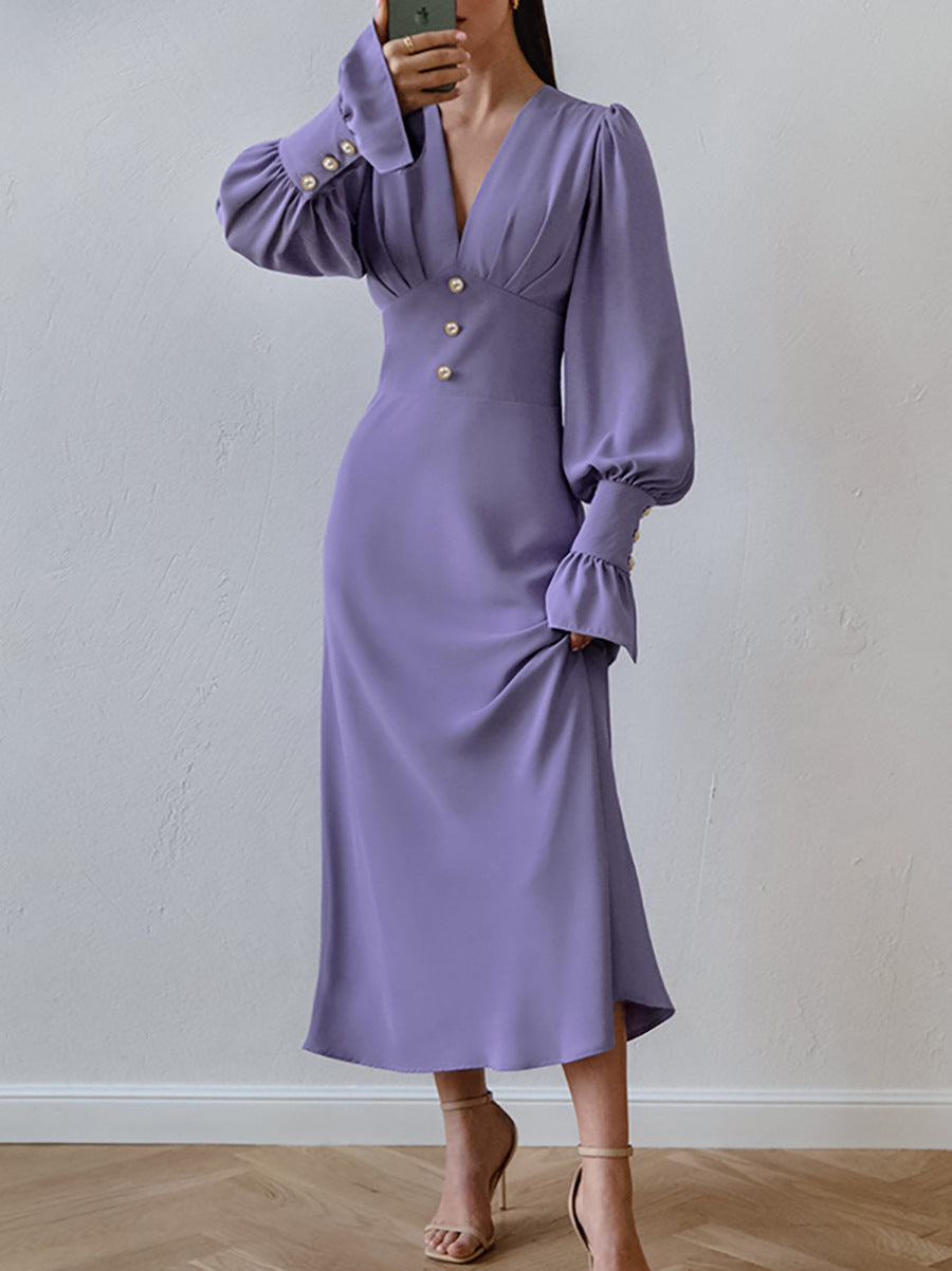 V-neck Slim-fit French Lantern Sleeve Dress