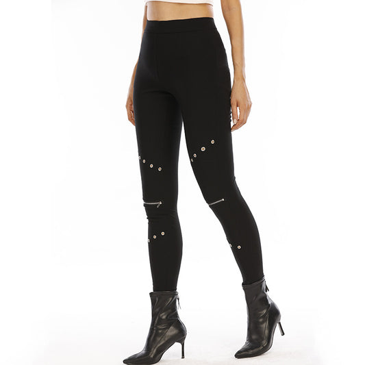 Hip Lifting Cropped Solid Color Black Zipper Vulnerability Leggings