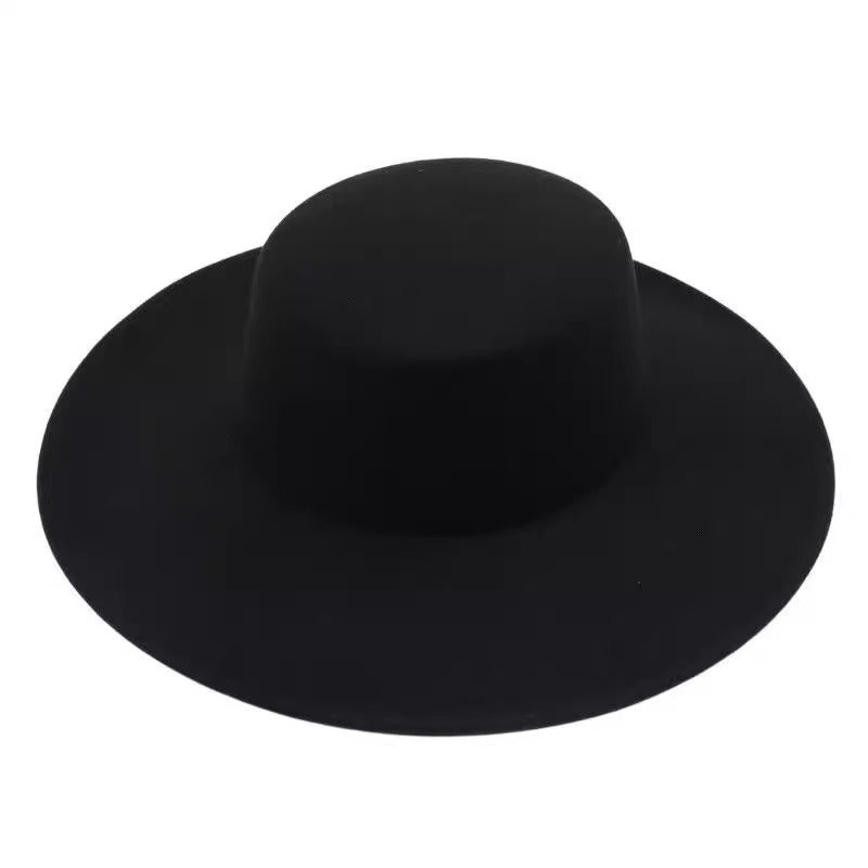 Flat Top Woolen Big Brim Fedora Hat Hepburn Style