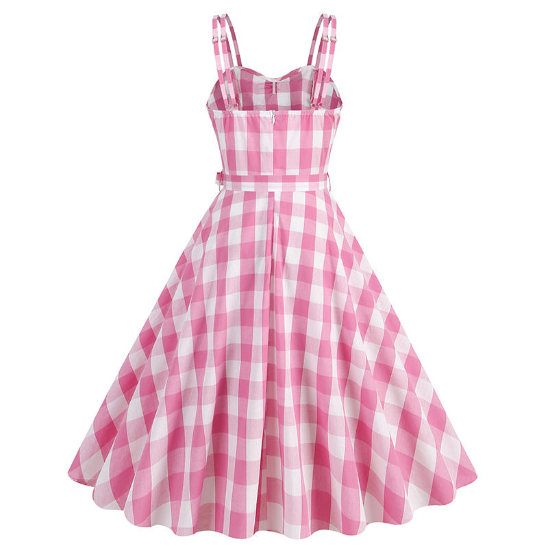 Hepburn Style British Lattice Vintage Belt Barbie Pink Women's Dress