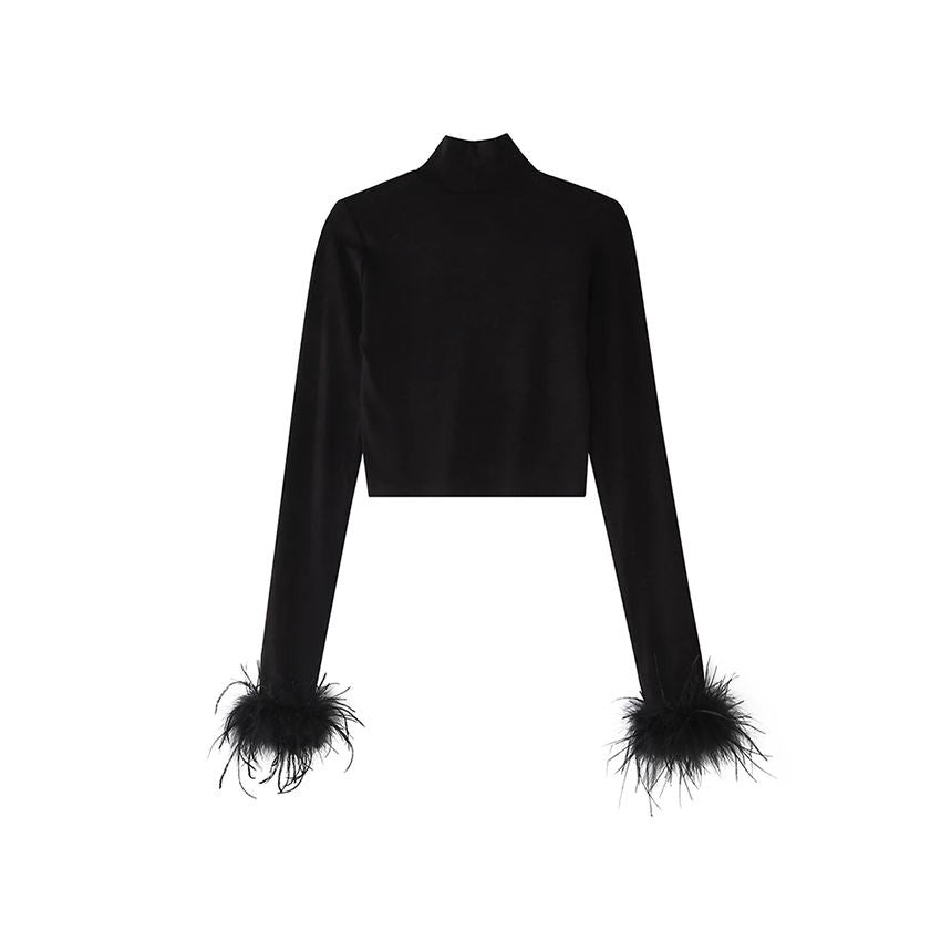 Babe Short Autumn And Winter Navel Feather Turtleneck Long Sleeve