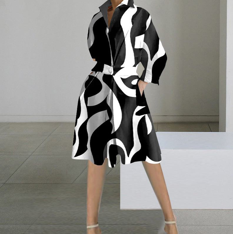 Long Sleeve V-neck Printed Mid-length Dress