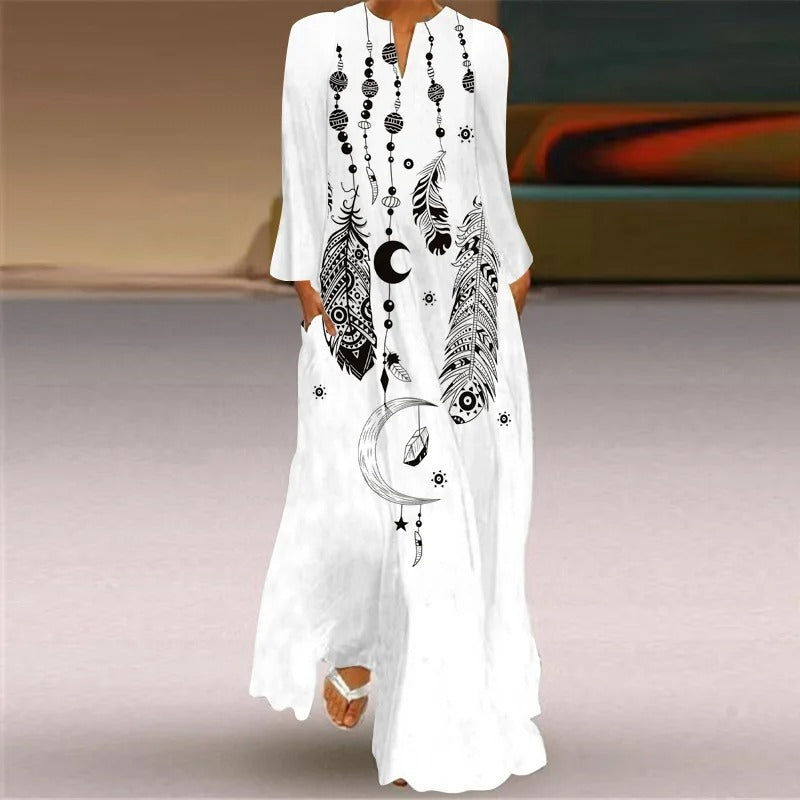 Women's Long Dress V-neck Long Sleeve Pocket Print Loose Dress