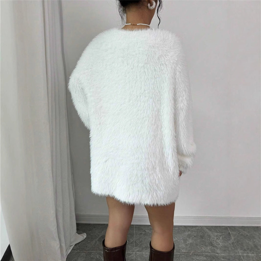 V-neck Solid Color Knitted Short Sweater Dress