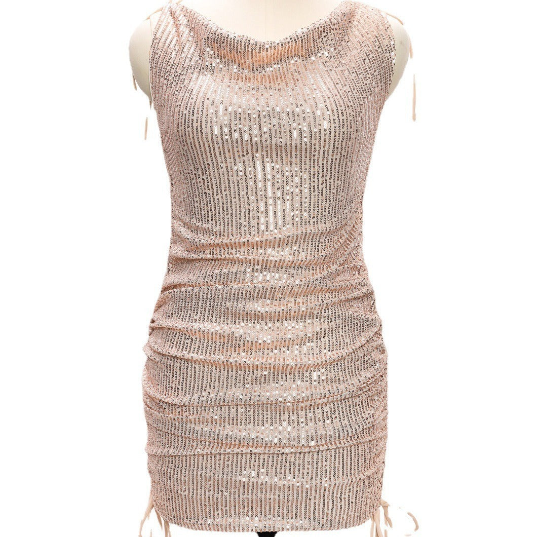 V-neck Sequins Suspender Skirt Dress