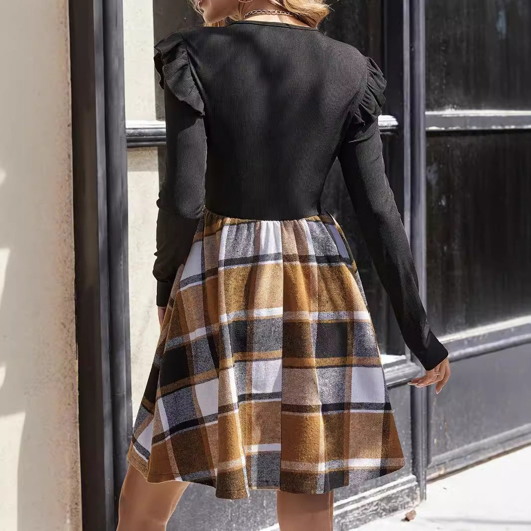 Sunken Stripe Stitching Plaid Long Sleeve Dress