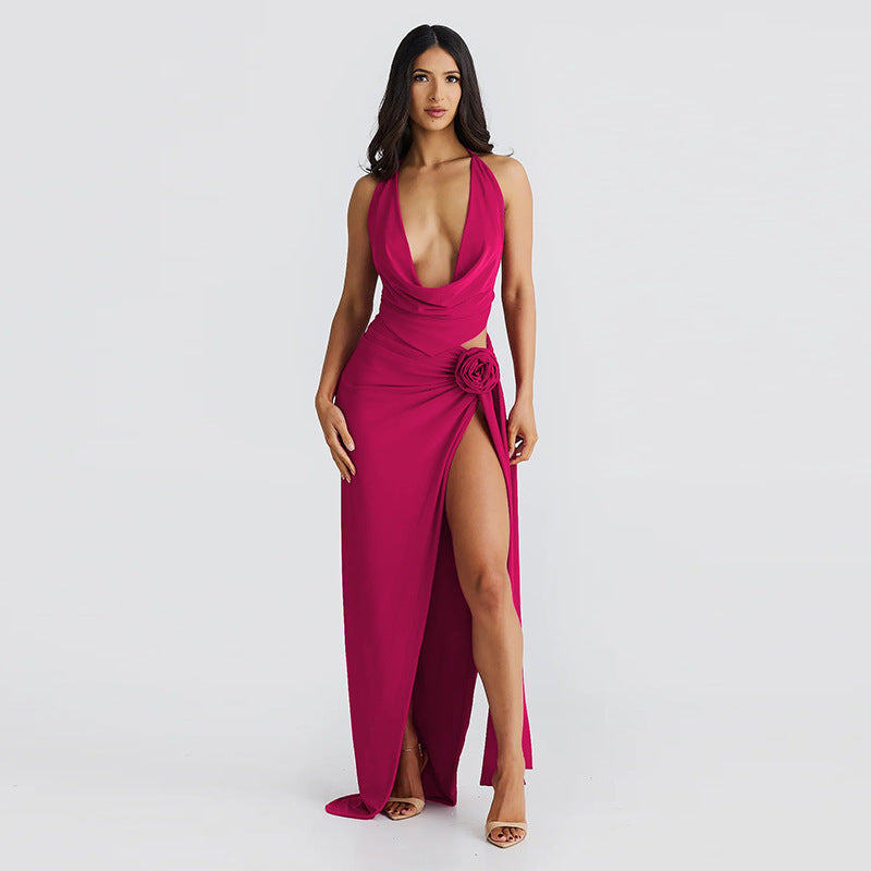 Lace-up Backless Sexy Deep V-neck Halter Sling High Slit Mid-length Dress