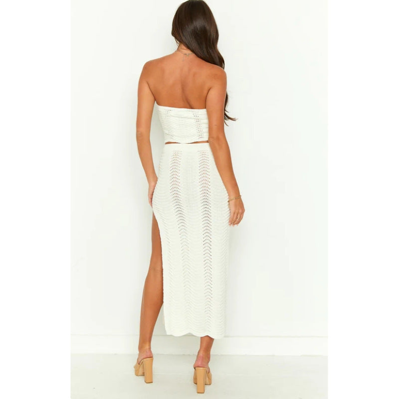 Knitted Chest-wrapped Sleeveless Small Tube Top and  Hip-wrapped Skirt