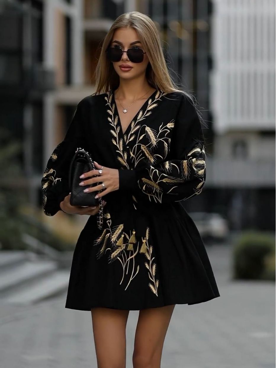 Baller Fashion Printed Wide Hem Long Sleeve Dress