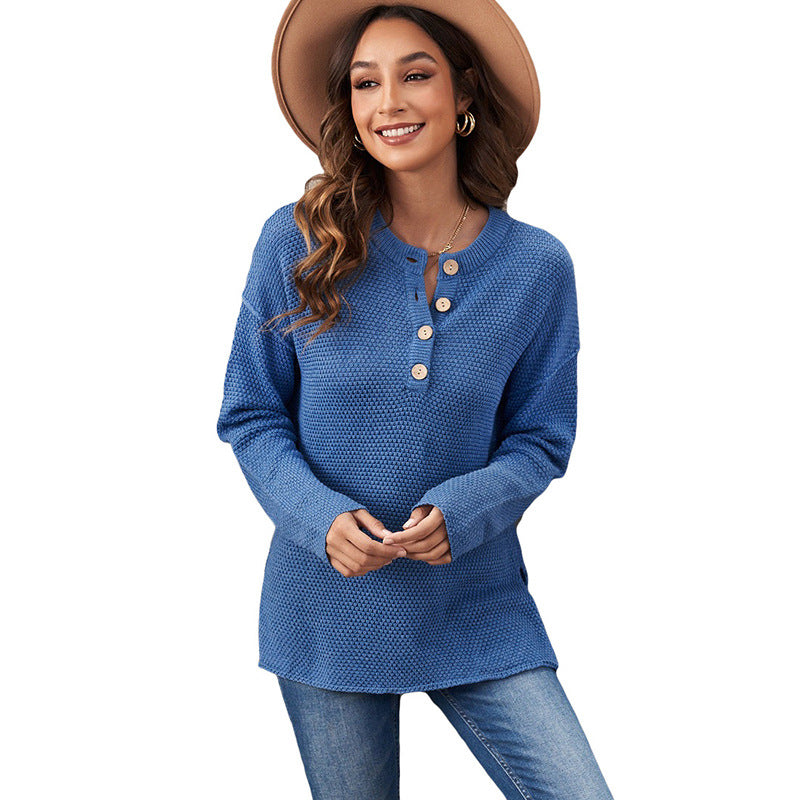 Female Solid Color Buttons Half-open Collar Slim Fit Sweater