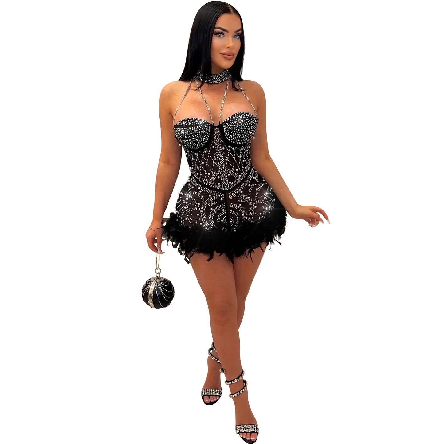 Mesh See-through Nightclub Jumpsuit Feather