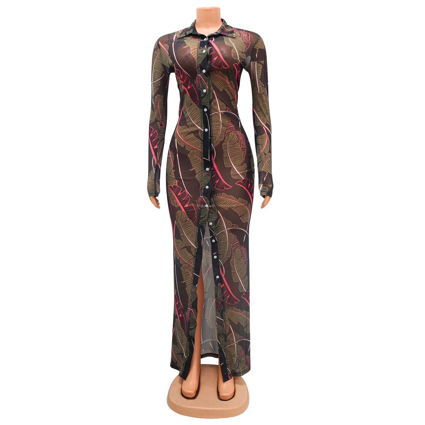 Women's Mesh Floral Print Long Sleeve Dress