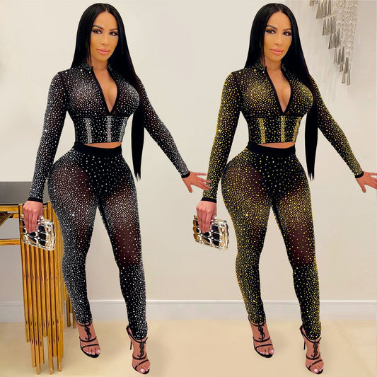 Women's Fashion Mesh Long Sleeve Two-piece Suit