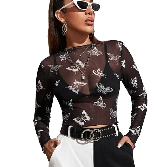 Cool Sexy Mesh Butterfly Long Sleeve Mesh Long Sleeve T-shirt