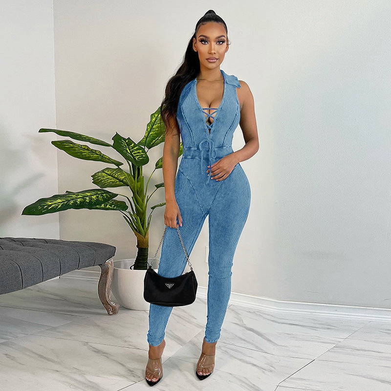 Women's Suspenders Skinny Butt Lifter Jumpsuit With Lapel Straps