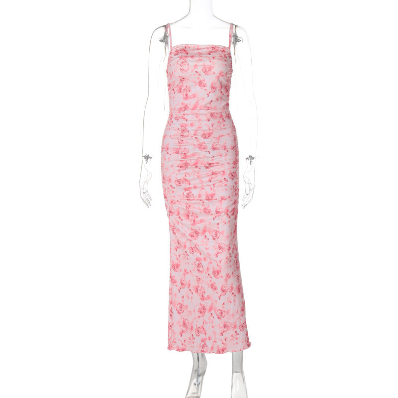 Spaghetti-strap Floral Print Long Slim-fit Sheath Dress