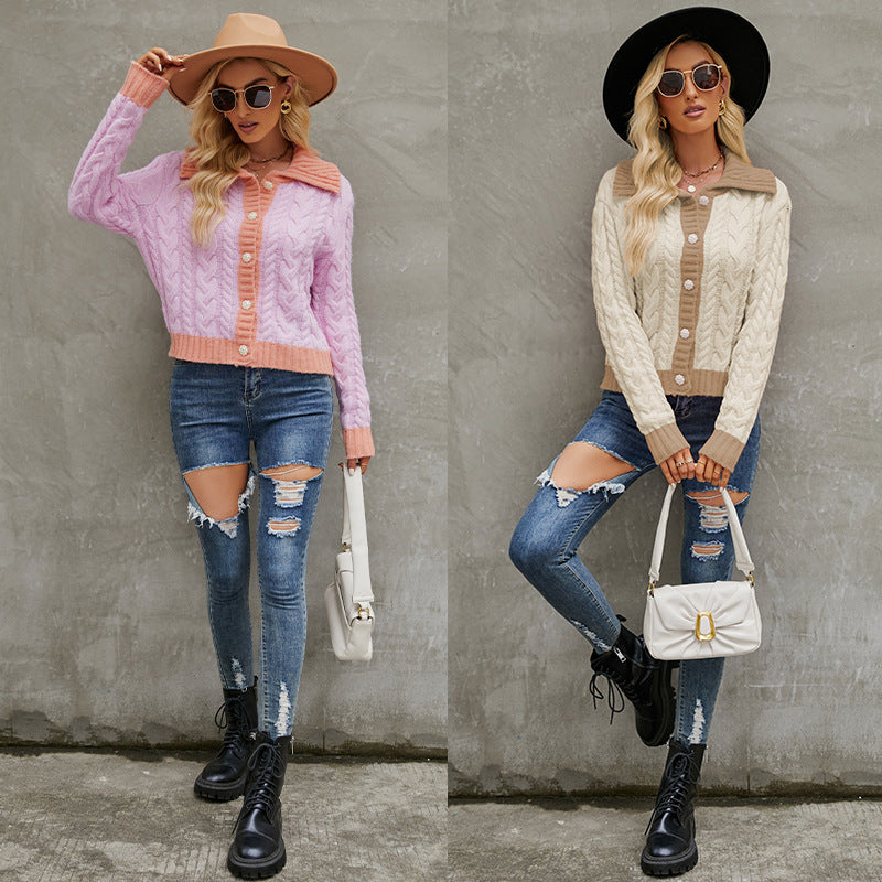 Fashion Short Lapel Knitted Cardigan Single-breasted Sweater Coat