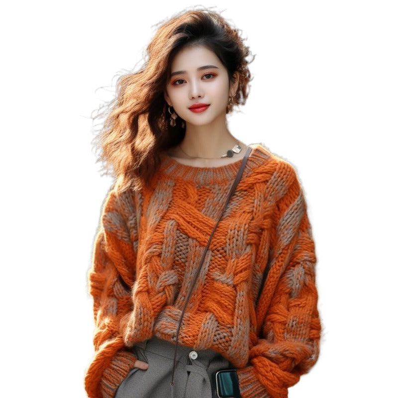 Orange Classic Style Thick Thread Sweater For Women