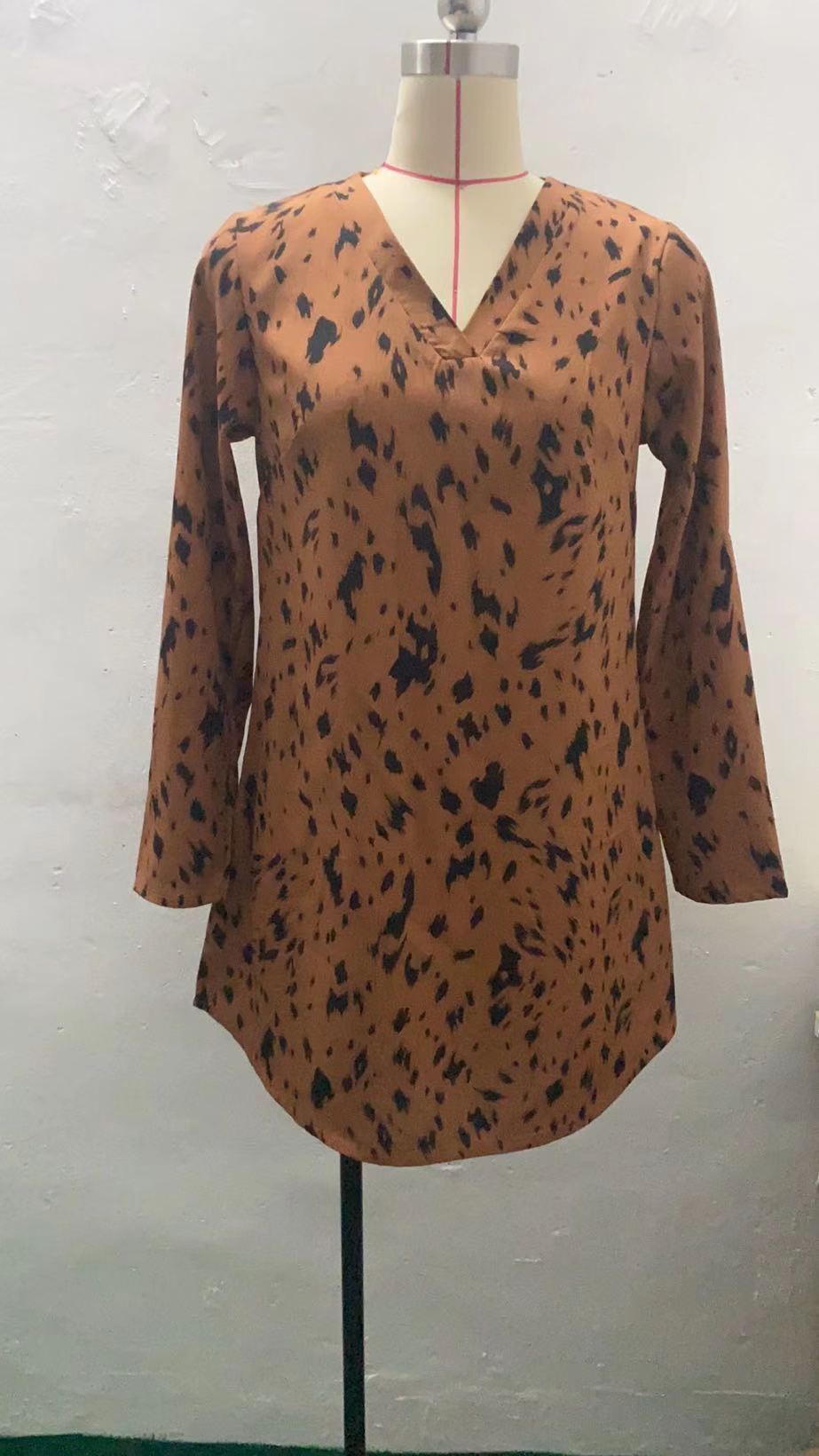 Slim-fit Leopard Print Fashion Stand Collar Long Sleeve Dress