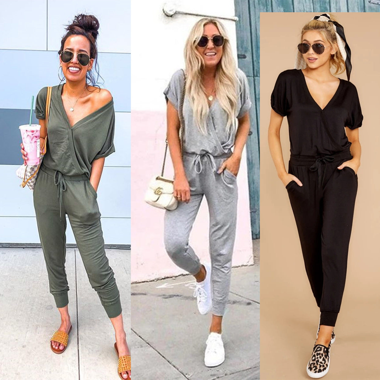 Women's Fashion Casual V-neck Fitted Waist Jumpsuit