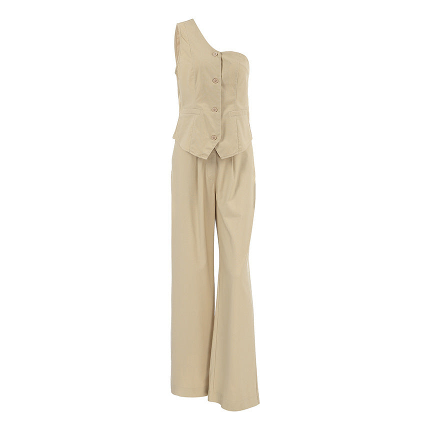 Cotton Linen Sleeveless Irregular Collar vest and pants