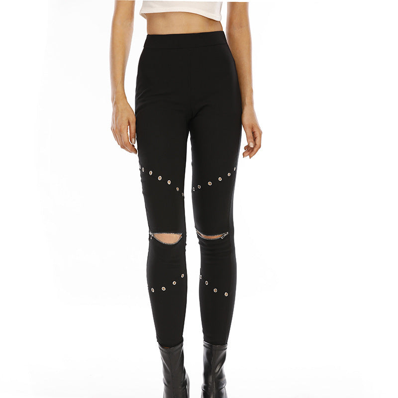 Hip Lifting Cropped Solid Color Black Zipper Vulnerability Leggings