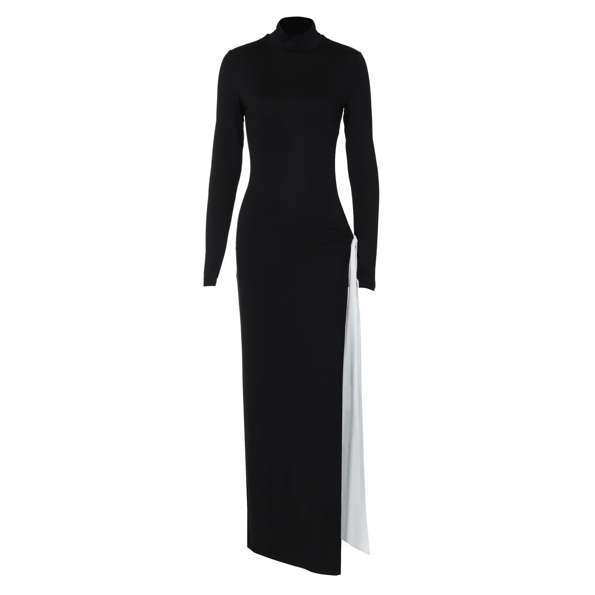 High Collar Long Sleeve Sexy Slit Contrast Color Ribbon Black Dress