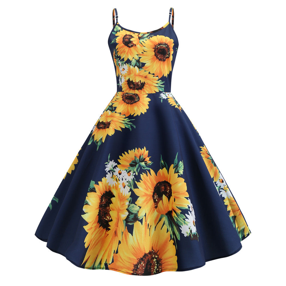 Suspender Sunflower Print Swing Dress