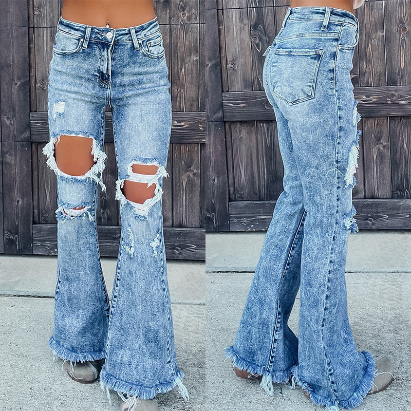 Fashion Denim Women's Hole Raw Hem Jeans