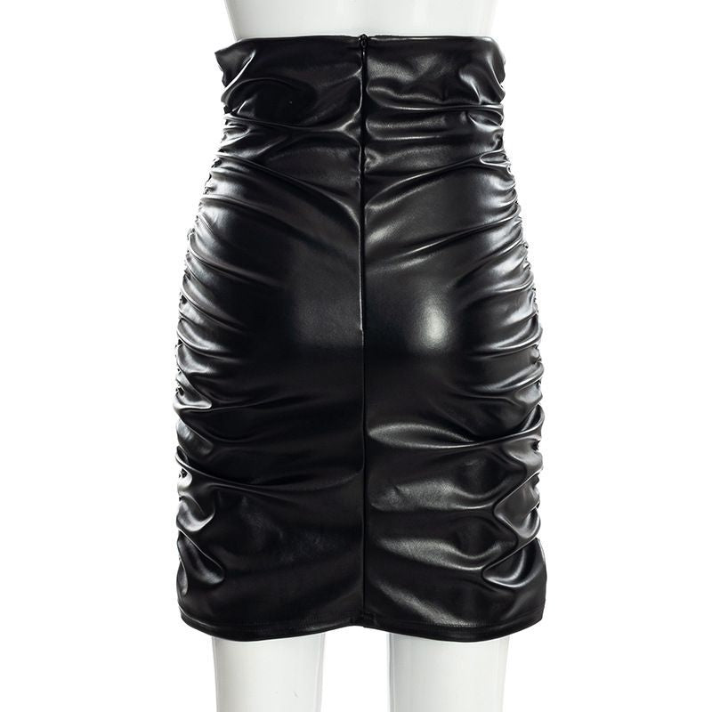 Pleated Solid Color PU leather Sheath Skirt