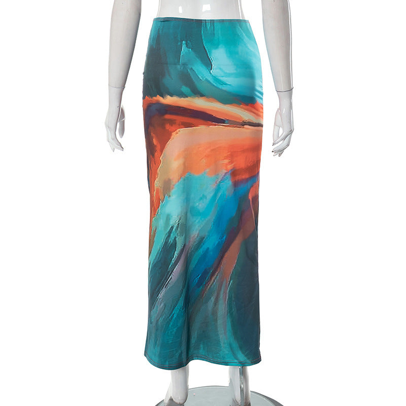 Casual Painted Print Cropped Sheath Skirt
