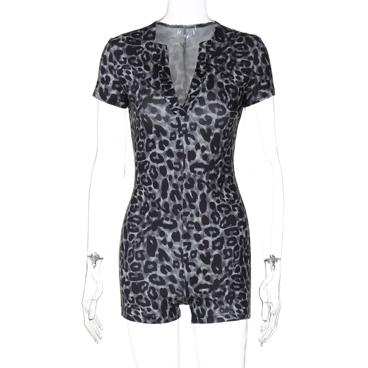 Leopard Print Short Sleeve V-neck Fashion Skinny Jumpsuit