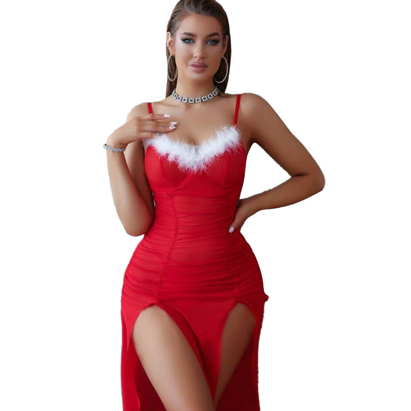 Christmas Atmosphere Ruffled Stitching Sling Dress