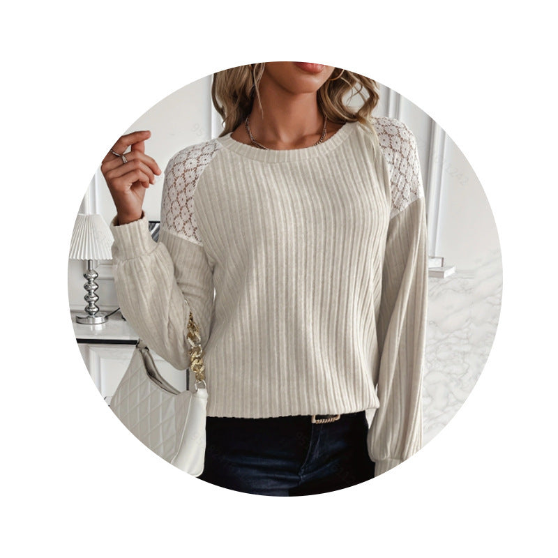 Comfort And Casual Lace Stitching Solid Color Pullover Long Sleeve Top