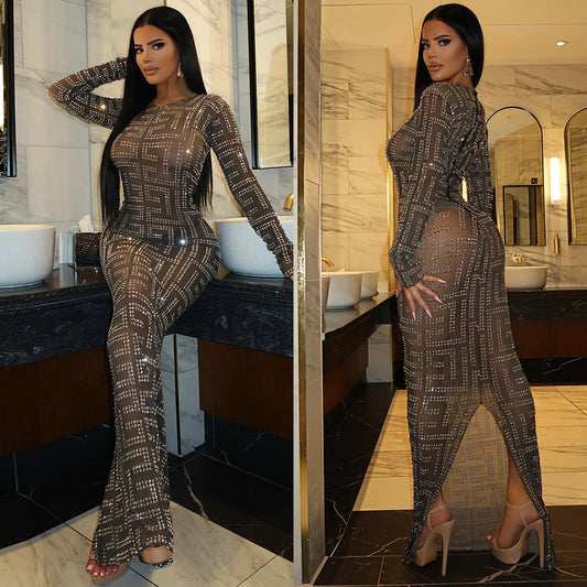 Women's Fashion Mesh Rhinestone Long-sleeved Dress