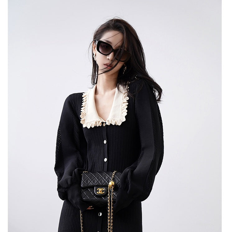 French Style Classic Style Lace Collar Bubble Long Sleeve Knitted Dress