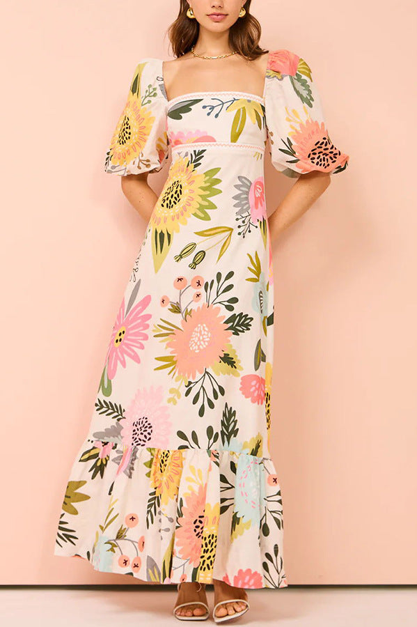 Casual Off-neck Printed Lantern Sleeve Dress