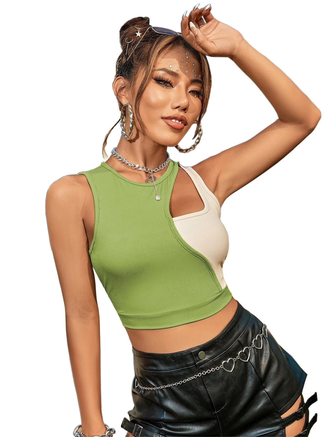 Round Neck Stitching Contrast Color Ultra Short I-shaped Sleeveless Vest T-shirt Top