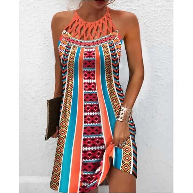 Fashion Print Dress Casual Halterneck Dress For Women Summer Fashion