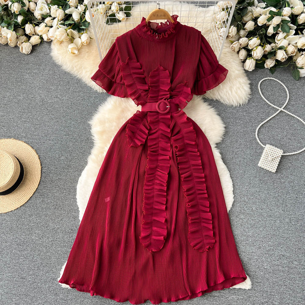 Pleated Ruffled Short Sleeves Dress Seaside Holiday Waist-slimming Long Dress