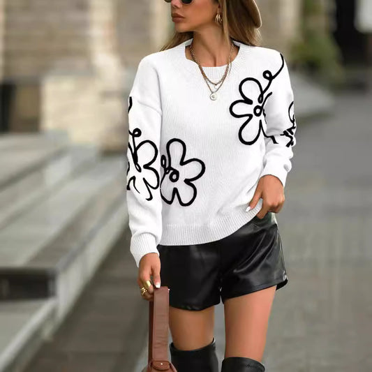 Solid Color Flower Jacquard Knitted Sweater