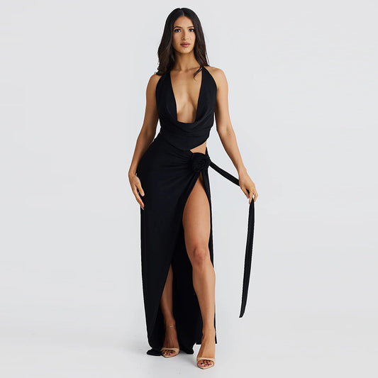 Lace-up Backless Sexy Deep V-neck Halter Sling High Slit Mid-length Dress