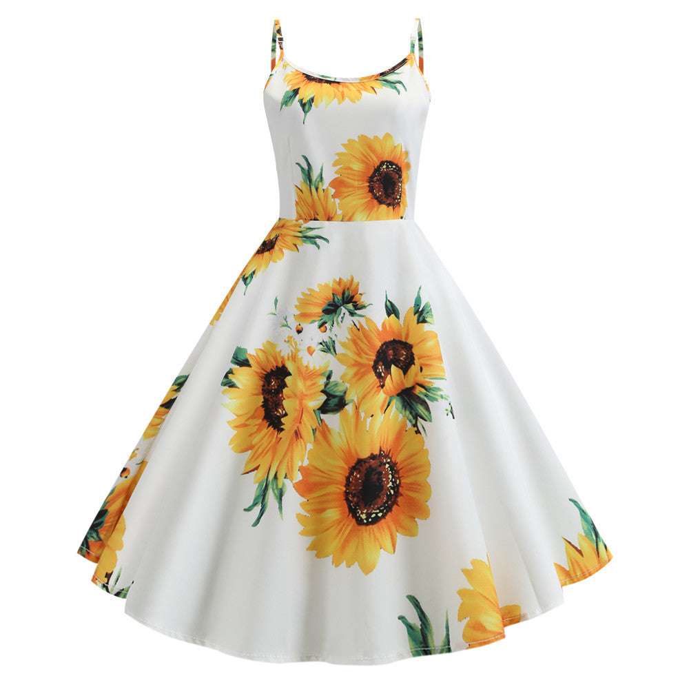 Suspender Sunflower Print Swing Dress