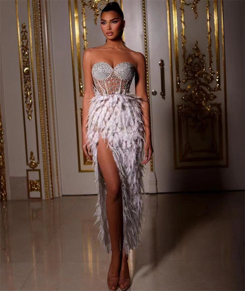 Gorgeous Feather Rhinestone Beaded See-through High Slit Tube Top Dress