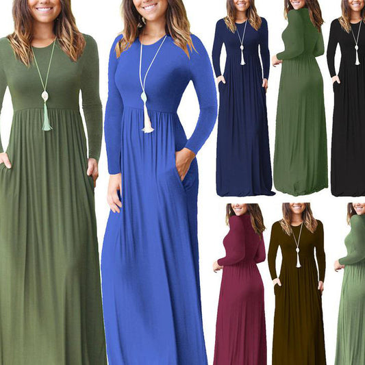 Women's Fashion Casual Long Sleeve Elastic Waist Dress