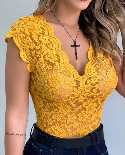 Sexy and simple fashion V Neck Lace Top blouse